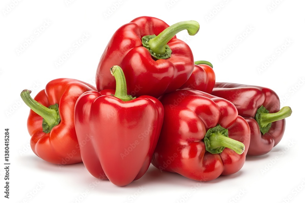 A group of fresh red bell peppers with smooth, shiny skin, isolated on a white background A group of fresh red bell peppers with smooth, shiny skin, isolated on a white background