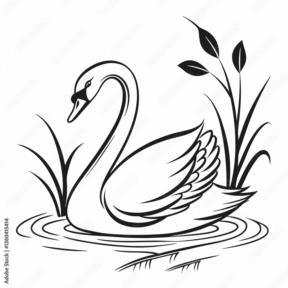 Elegant swan swimming in a tranquil pond surrounded by reeds Elegant swan swimming in a tranquil pond surrounded by reeds