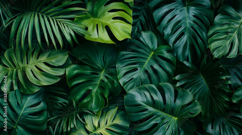 Various shades of green tropical leaves create a vibrant natural carpet, showcasing the beauty of foliage Various shades of green tropical leaves create a vibrant natural carpet, showcasing the beauty of foliage