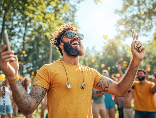 Fototapeta Naklejka Na Ścianę i Meble -  Joyful man celebrating at outdoor festival with friends in a sunny park during summer