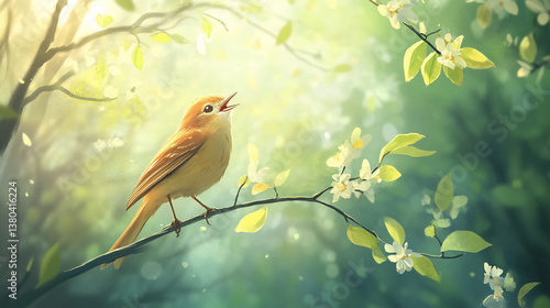 Singing bird spring blossoms