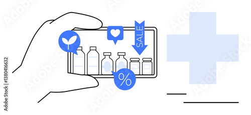 Hand holding smartphone displaying health product bottles, discount icons, and sale tags. Ideal for healthcare, e-commerce, telehealth, wellness, discounts online shopping mobile applications. Flat