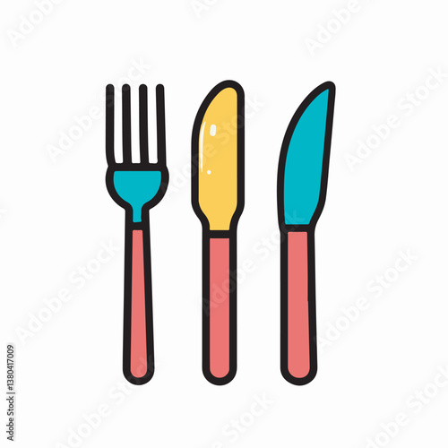 Colorful utensils present flatware in simple dining setting detail