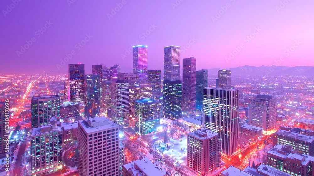Obraz premium Twilight Aerial View of Denver, city lights shimmering against a deep purple sky, capturing the serene transition from day to night, urban landscape illuminated and vibrant.