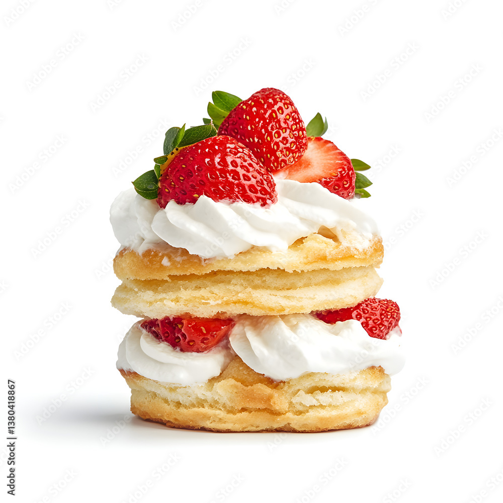 A fluffy strawberry shortcake with fresh strawberries and whipped cream A fluffy strawberry shortcake with fresh strawberries and whipped cream