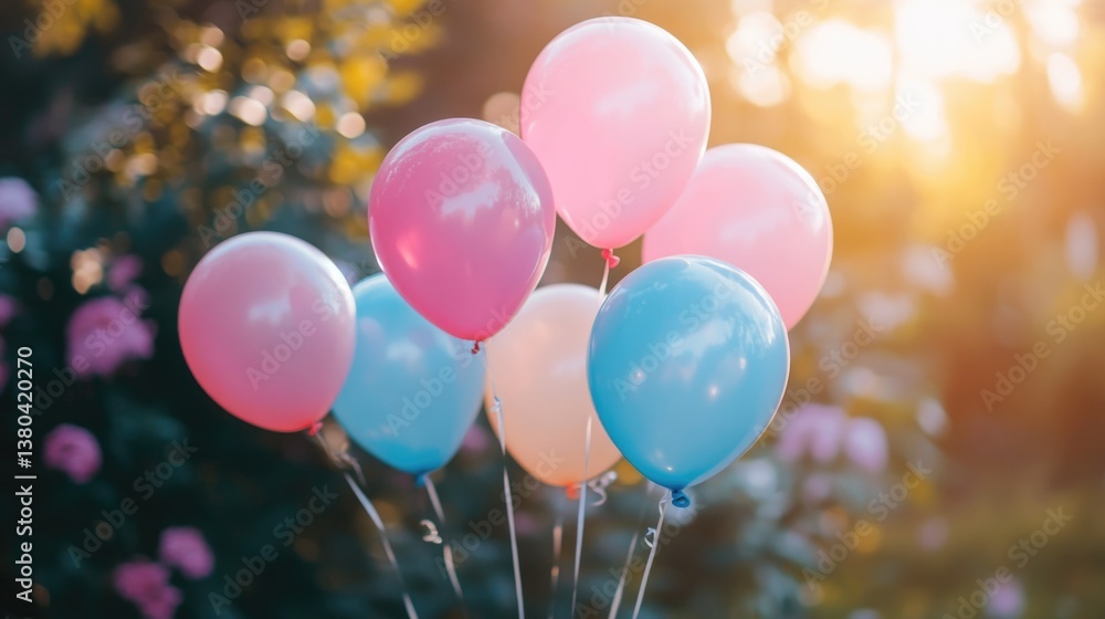 Colorful balloons floating gently in a sunlit garden during a joyful celebration in springtime Colorful balloons floating gently in a sunlit garden during a joyful celebration in springtime