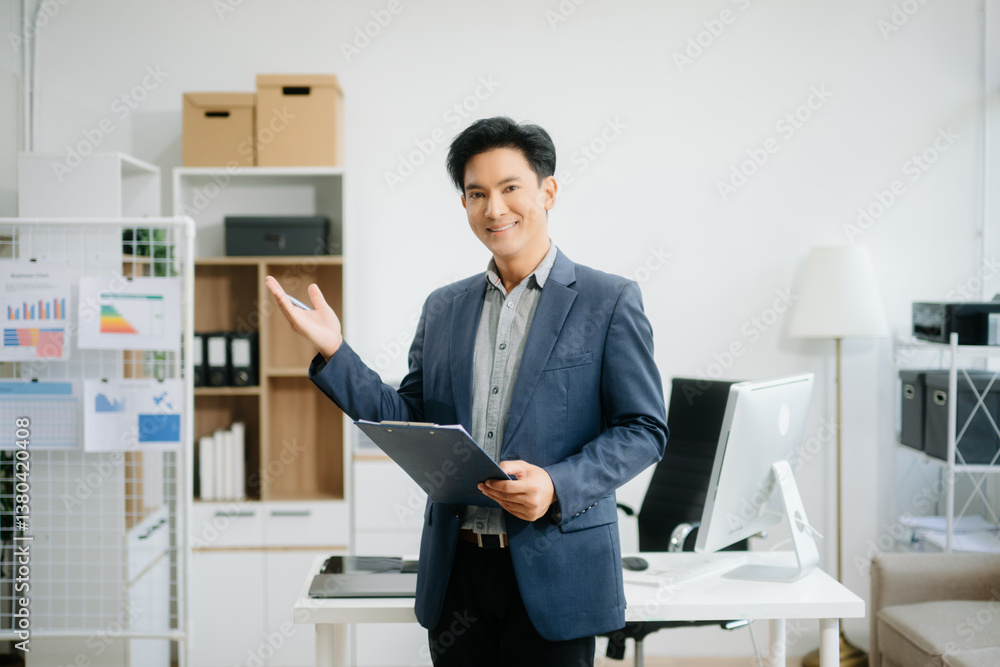 Naklejka premium Young attractive Asian man smiling thinking planning writing in notebook, tablet and laptop