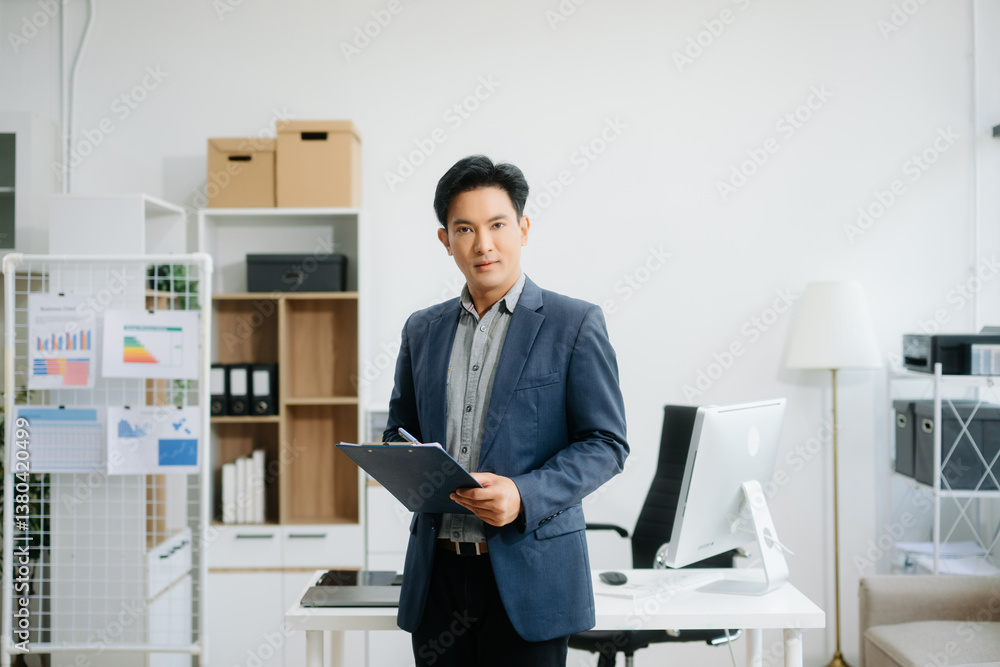 Young attractive Asian man smiling thinking planning writing in notebook, tablet and laptop Young attractive Asian man smiling thinking planning writing in notebook, tablet and laptop