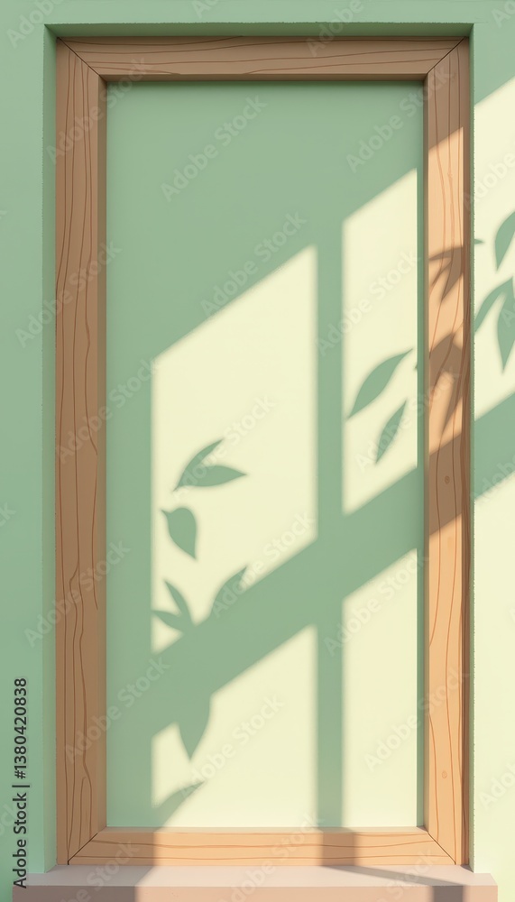 Fototapeta premium Minimalist window with plant shadows on green wall 