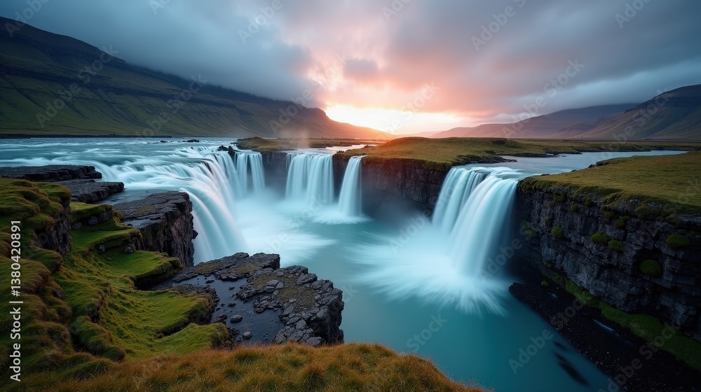 Fototapeta premium Powerful Vøringfossen waterfall at dawn, surrounded by clouds, from an elevated viewpoint.