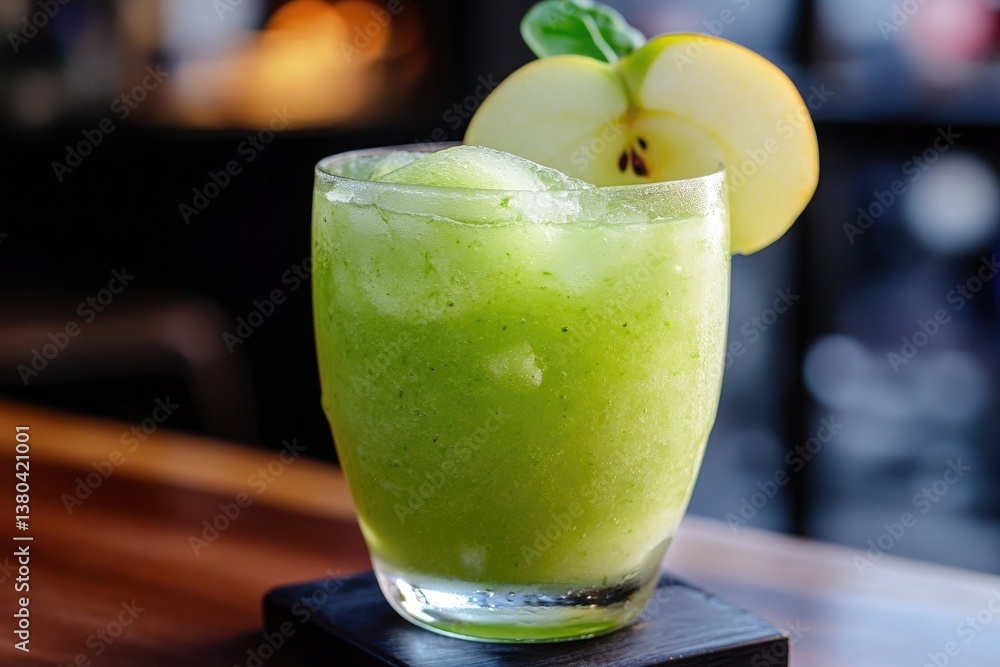 A refreshing green smoothie in a glass with an apple slice garnish on a dark wooden surface top A refreshing green smoothie in a glass with an apple slice garnish on a dark wooden surface top