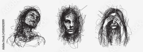 Female portrait . Vector face illustration. Woman drawn with ink. Scribble drawing. Line drawing art. Vector illustration. Line drawn portrait. Hand drawn. Scribble art. Creative drawing. Chaotic line