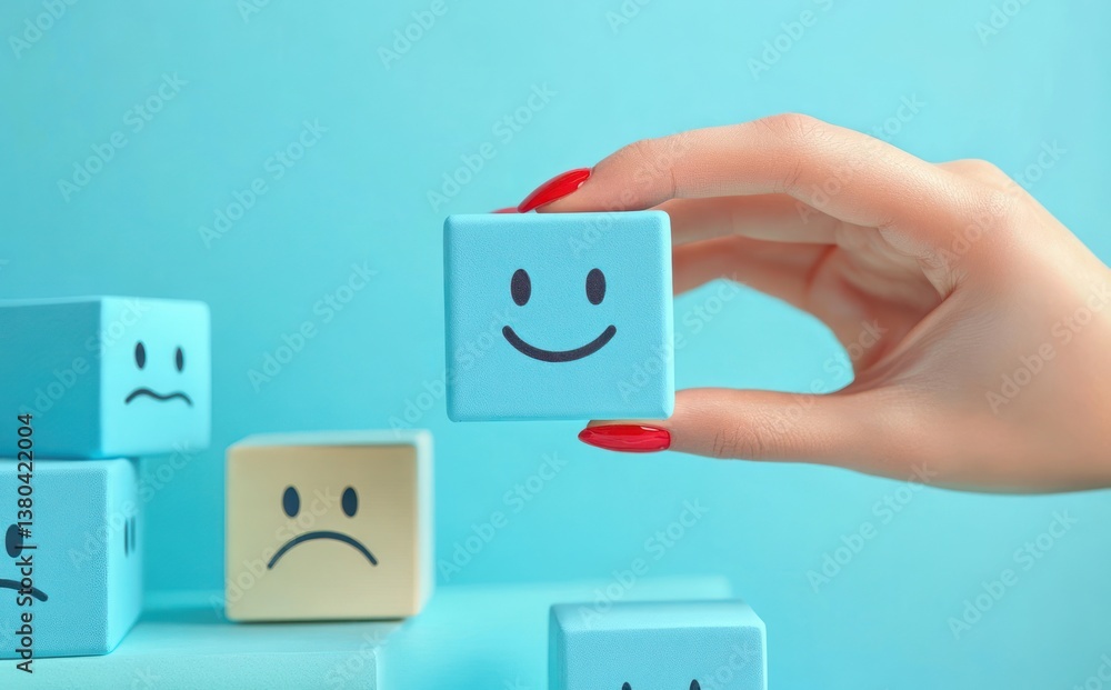 Mental Health Awareness Concept with Happy and Sad Emotion Cubes for Positive Feedback and Customer Satisfaction Mental Health Awareness Concept with Happy and Sad Emotion Cubes for Positive Feedback and Customer Satisfaction