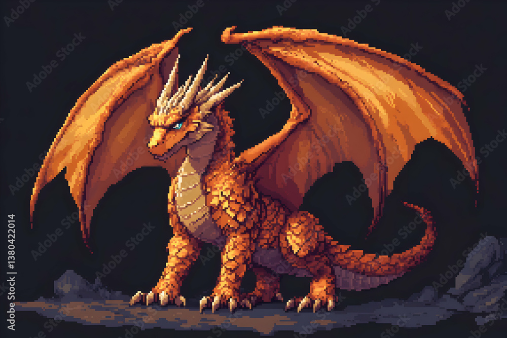 Naklejka premium Majestic orange dragon with wings in pixel art style against dark background
