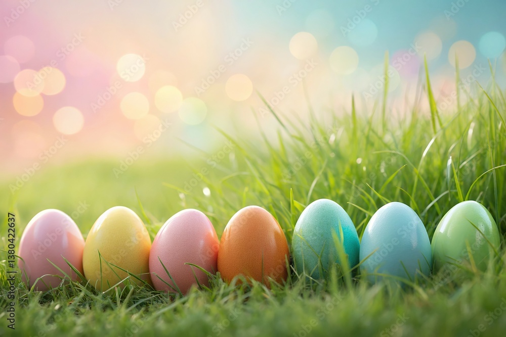 Colorful Easter Eggs in Grass with Bokeh Background, Spring Scene Colorful Easter Eggs in Grass with Bokeh Background, Spring Scene