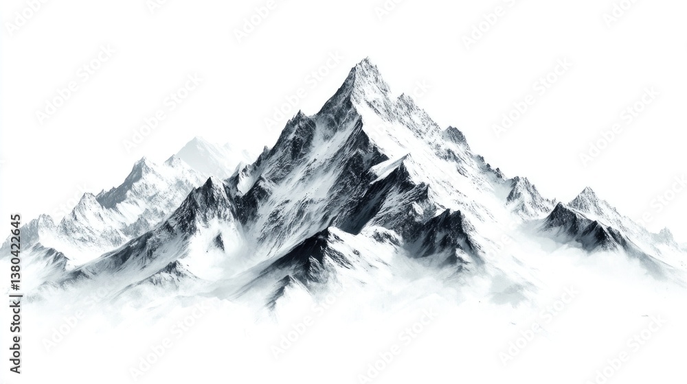 Obraz premium Majestic snow-covered peaks rise above a serene foggy landscape at dawn, captivating with their rugged beauty and tranquil allure