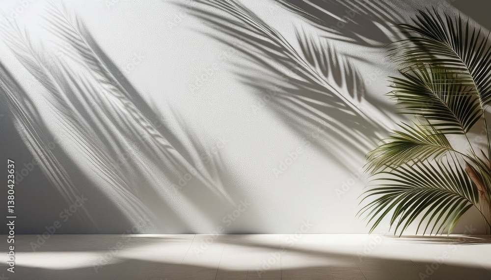 Fototapeta premium light background with shadow from palm leaves on wall