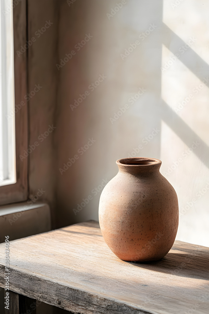 Rustic Unglazed Pottery Vase Illuminated by Soft Natural Light on Wooden Table Rustic Unglazed Pottery Vase Illuminated by Soft Natural Light on Wooden Table