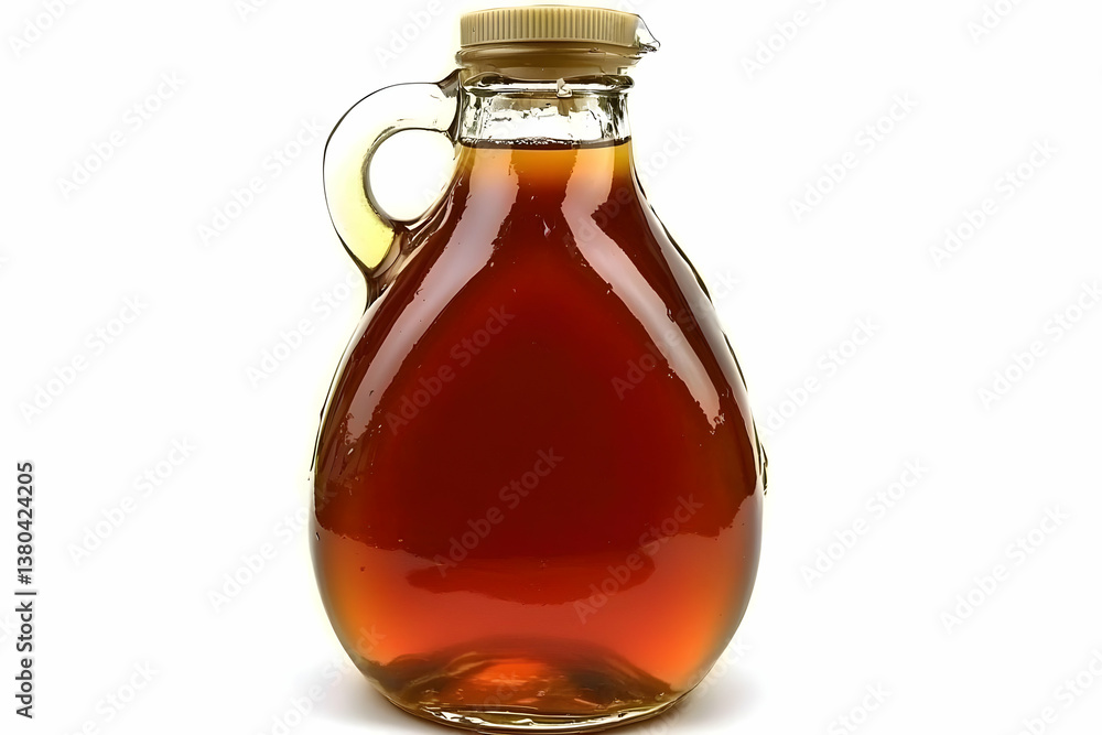 Maple syrup in glass jug, white background, food photography, recipe ingredient Maple syrup in glass jug, white background, food photography, recipe ingredient