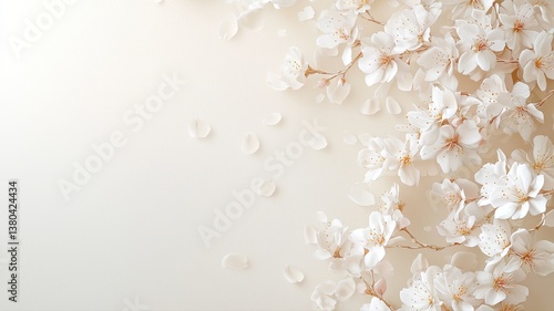 Fototapeta Naklejka Na Ścianę i Meble -  Delicate white flowers on a soft beige background, symbolizing beauty and tranquility in a simple, elegant arrangement.