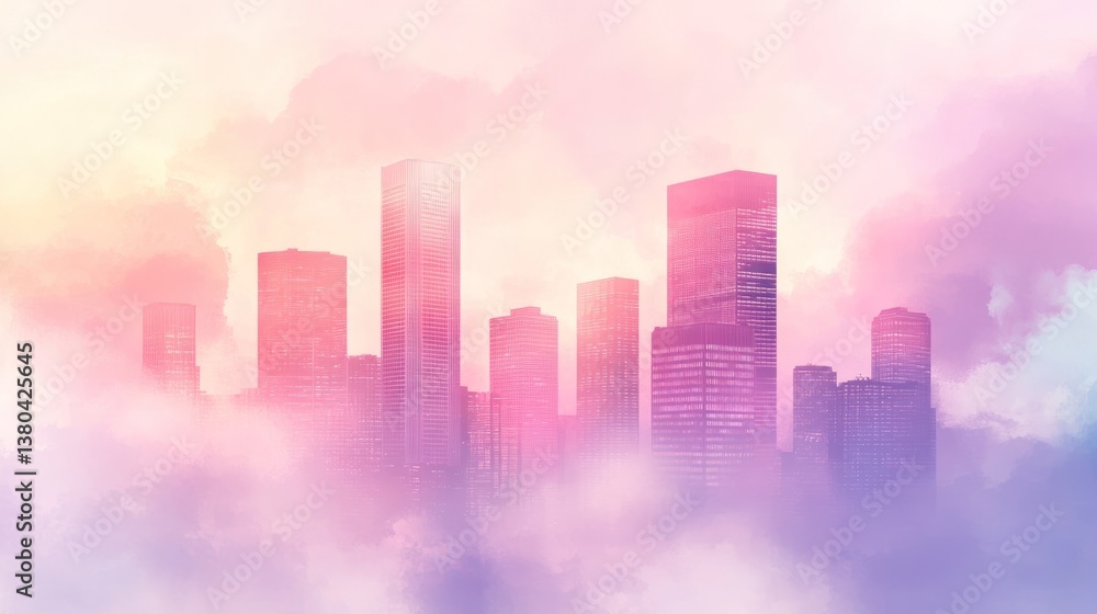 Dreamy Cityscape: Skyscrapers Emerging from Pastel Clouds Dreamy Cityscape: Skyscrapers Emerging from Pastel Clouds