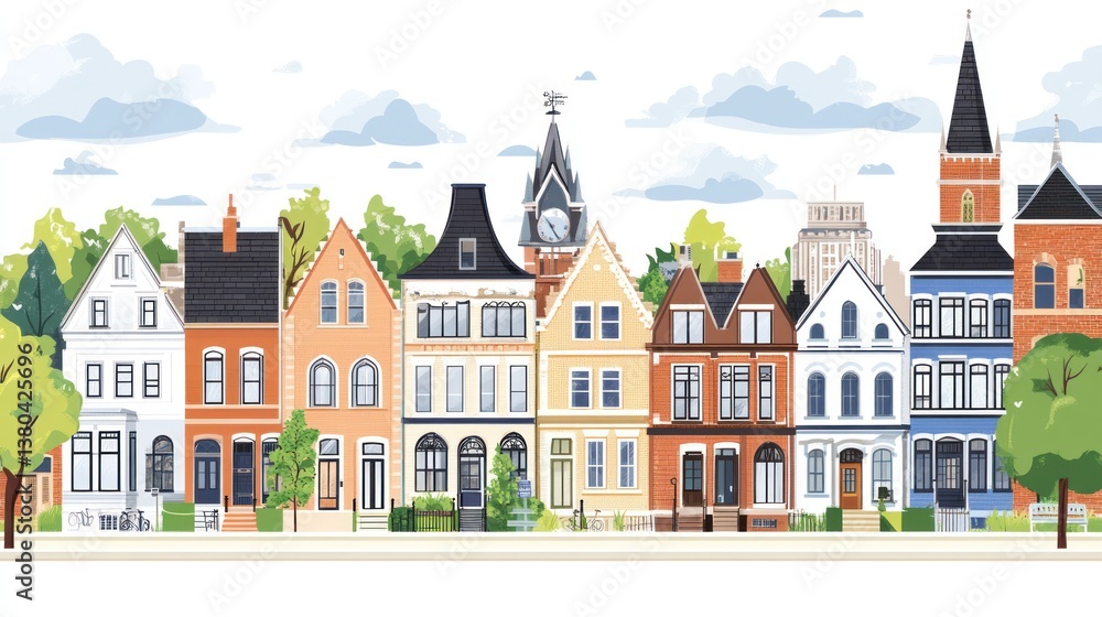 Naklejka premium Charming Suburban Street: A Colorful Row of Houses
