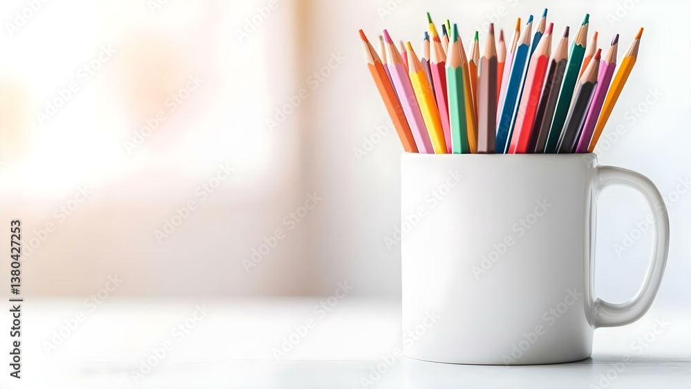 A white mug filled with a variety of colorful pencils arranged upright. Concept Art Supplies, Creative Workspace, Vibrant Colors, Organized Stationery, Inspirational Tools A white mug filled with a variety of colorful pencils arranged upright. Concept Art Supplies, Creative Workspace, Vibrant Colors, Organized Stationery, Inspirational Tools