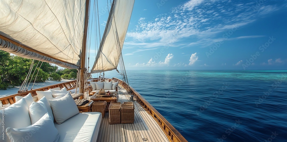 Fototapeta premium Sailing on Luxury Boat with Ocean View on Summer Day