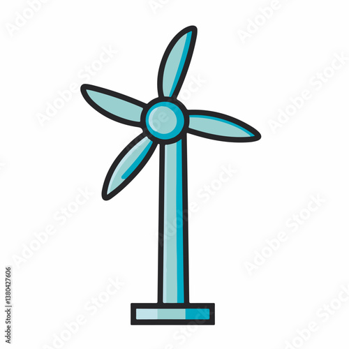 Turquoise windmill rotates generating energy on isolated white background