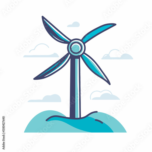 Windmill generates energy on peaceful green hill landscape
