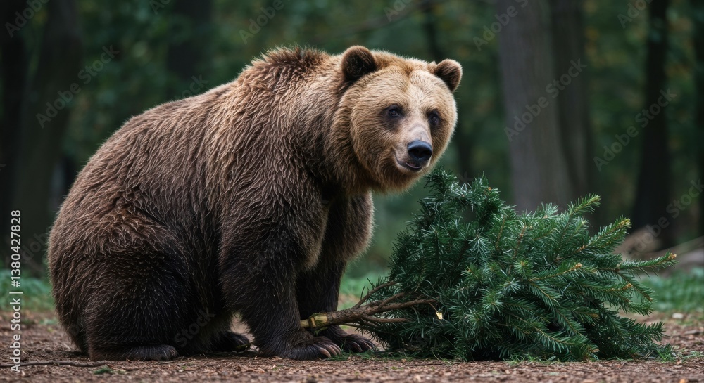 Obraz premium Brown bear holding a small Christmas tree.
