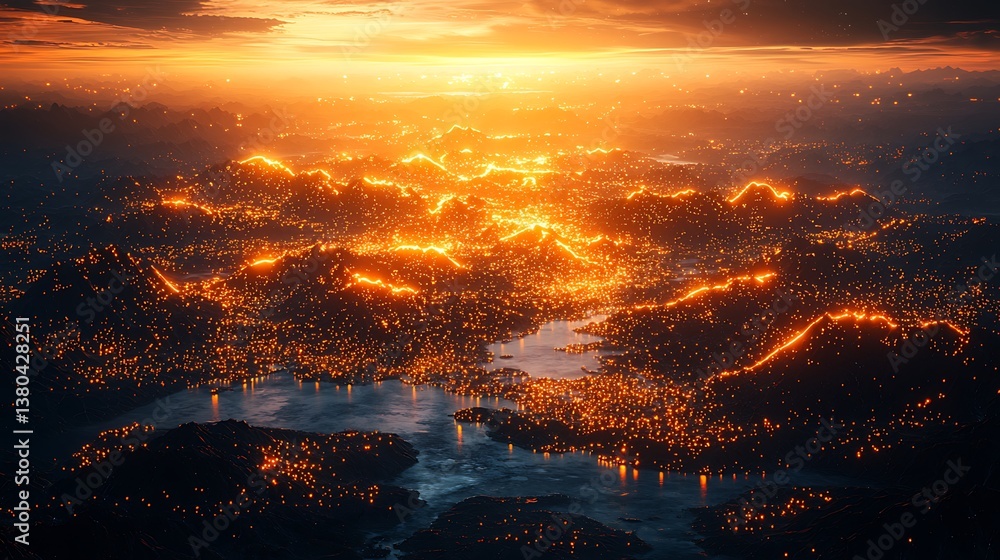 Sunset over glowing city nestled in mountains. Sunset over glowing city nestled in mountains.
