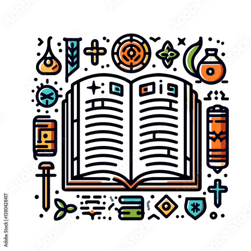 Illustrated open book with magical symbols and potions. Ancient manuscripts  