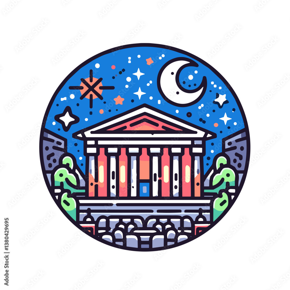 Fototapeta premium Architectural illustration of a temple under a starry night. Night at the museum 