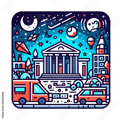Cityscape illustration with vehicles against a starry night background. Night at the museum  