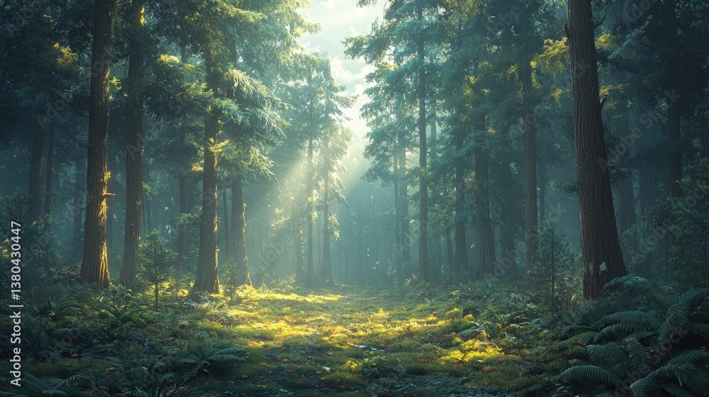 Fototapeta premium A dense evergreen forest covered in soft morning mist, golden sunlight filtering through tall pine trees, creating a dreamy and serene atmosphere.