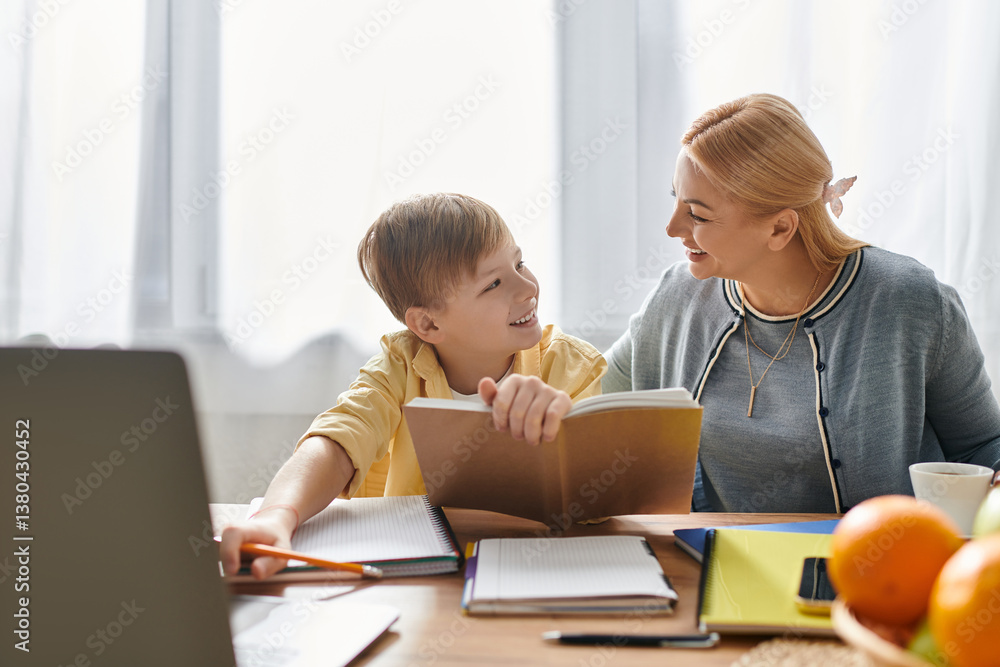 Mother and son sharing joyful moments during study time at home in a bright, cozy space Mother and son sharing joyful moments during study time at home in a bright, cozy space