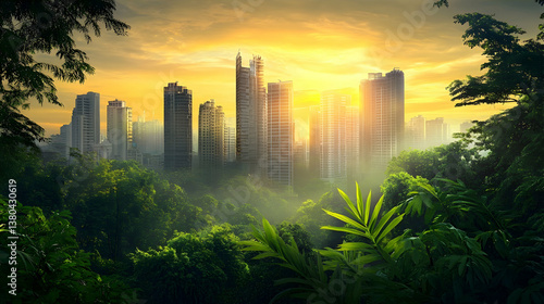 Fototapeta Naklejka Na Ścianę i Meble -  Cityscape sunrise, jungle view, urban nature