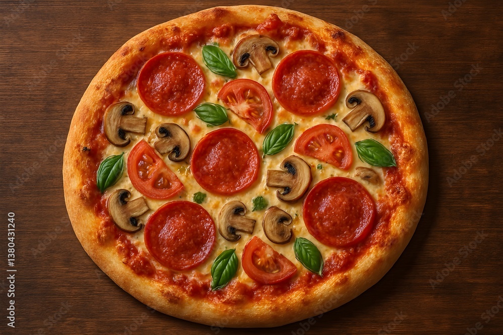 Pizza with Pepperoni, Mushrooms, Tomato, and Basil on Wooden Background
Pizza with Pepperoni, Mushrooms, Tomato, and Basil on Wooden Background