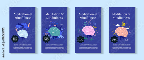 Set of templates for stories with brain in different thinking & Mental State. Emotions And Feelings. World Mental Health Day Concept. For banner, poster, infographic, social media post, ads