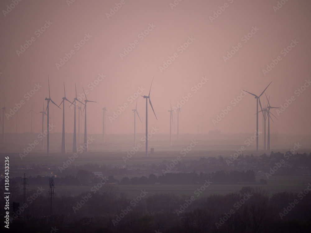 Obraz premium Wind turbines in a rural landscape during a hazy sunset, generating renewable energy in a calm and misty atmosphere, symbolizing sustainability and clean power.