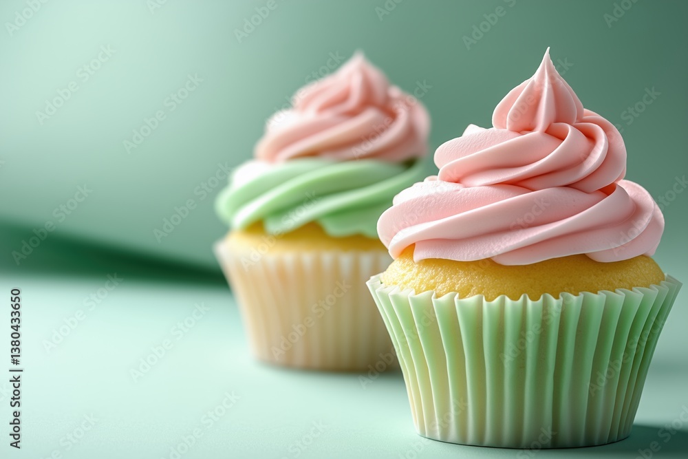 Perfectly glazed cupcake in soft pastel pink and light green colors, on a pastel background. Perfectly glazed cupcake in soft pastel pink and light green colors, on a pastel background.