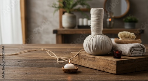 Spa essentials on a rustic wooden table.
