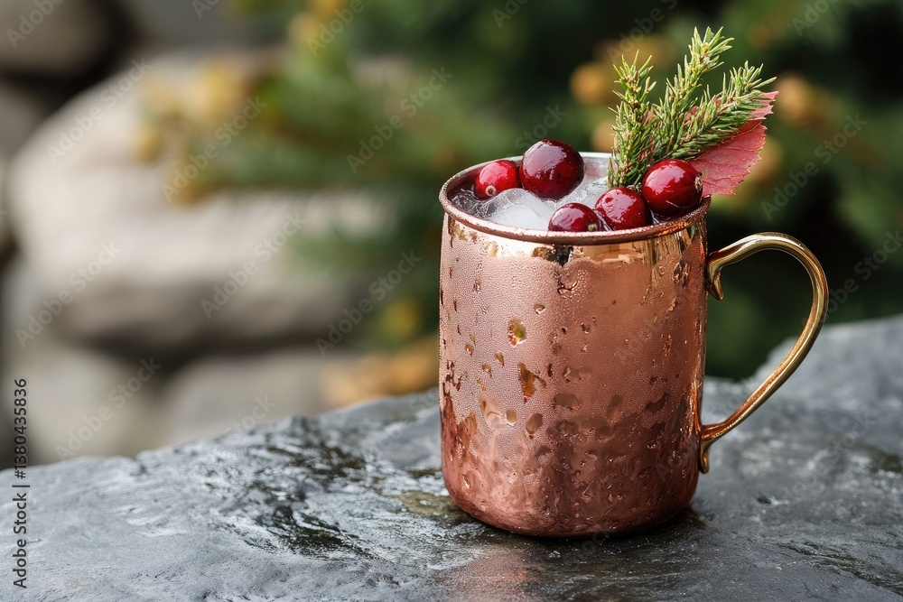Copper mug cocktail with cranberries and ice on a stone surface with evergreen background outdoors Copper mug cocktail with cranberries and ice on a stone surface with evergreen background outdoors