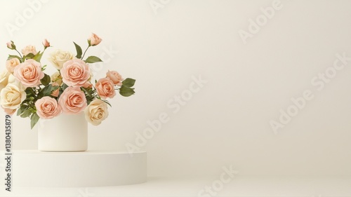Wallpaper Mural Elegant floral arrangement with pastel roses in a minimalistic white vase on a round pedestal against a soft background. Torontodigital.ca