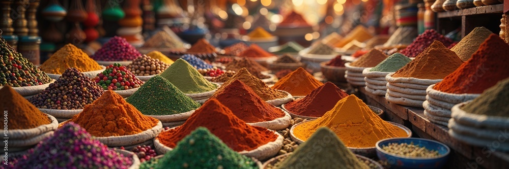 Fototapeta premium Colorful mounds of spices in various hues create a stunning visual in a busy market. Vendors and shoppers fill the stalls, soaking in the vibrant atmosphere during the day