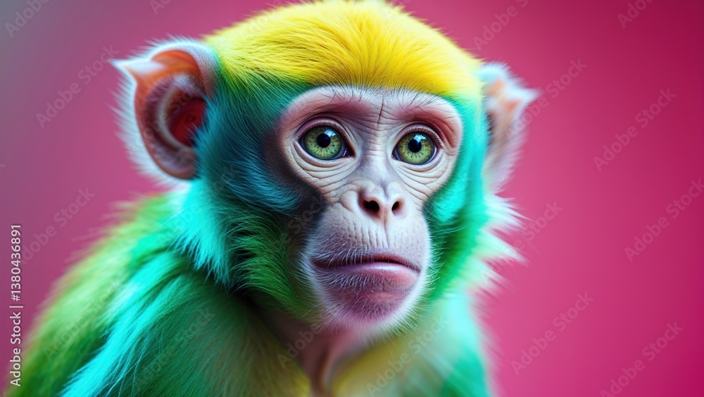 A monkey with strikingly colorful fur is staring directly at the viewer. Its bright, vibrant coat contrasts with the bold background, creating an engaging visual impression A monkey with strikingly colorful fur is staring directly at the viewer. Its bright, vibrant coat contrasts with the bold background, creating an engaging visual impression