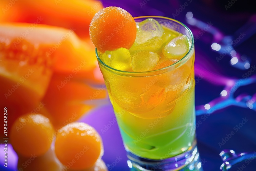 A tall glass of colorful cocktail with ice and melon ball garnish on a reflective surface near fruit A tall glass of colorful cocktail with ice and melon ball garnish on a reflective surface near fruit