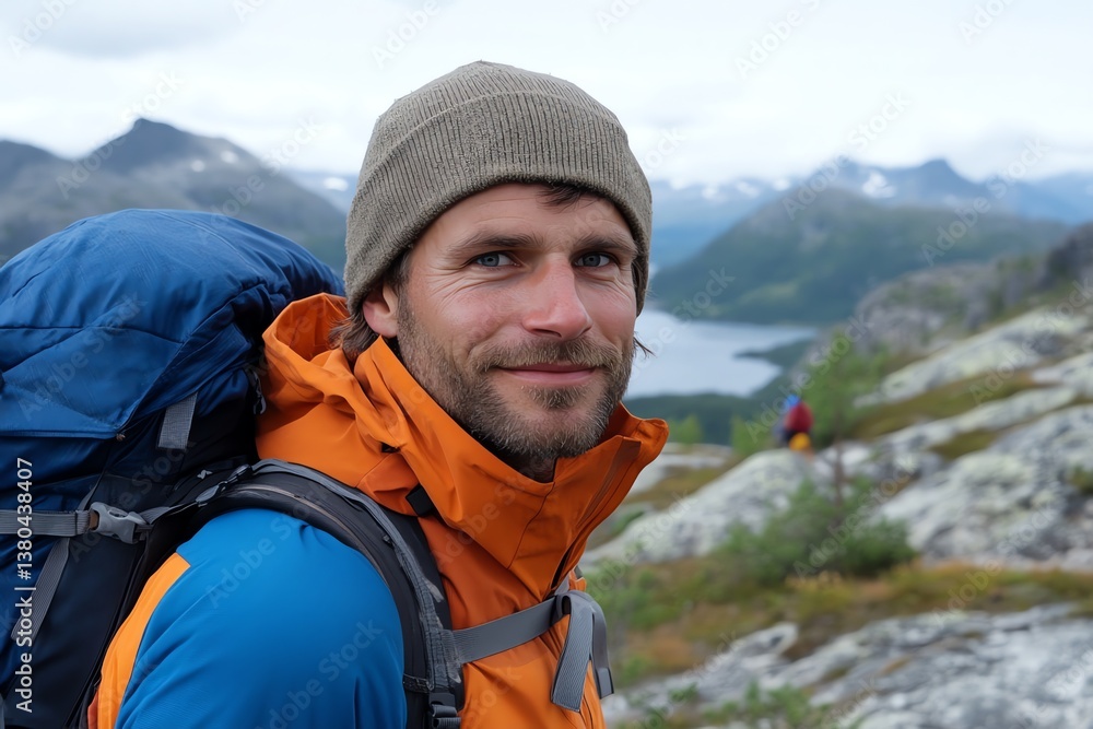 Man Hiking in Mountains with Backpack and Beanie on Overcast Day Man Hiking in Mountains with Backpack and Beanie on Overcast Day