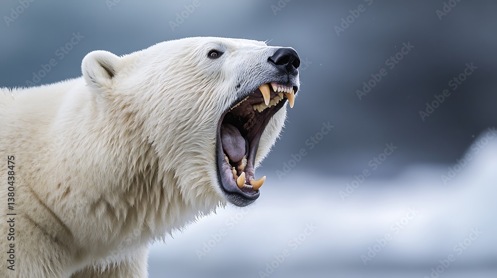 An open mouthed polar bear with sharp teeth and intense gaze An open mouthed polar bear with sharp teeth and intense gaze